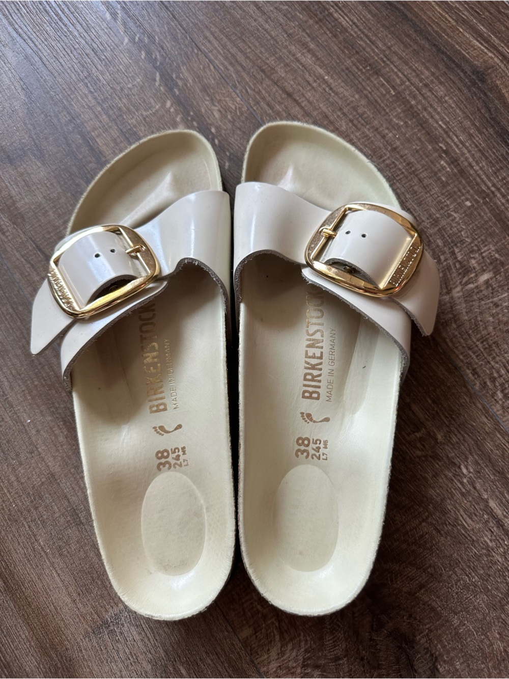 Birkenstock Women’s Madrid Patent Slide Sandals in Cream with Gold Buckle